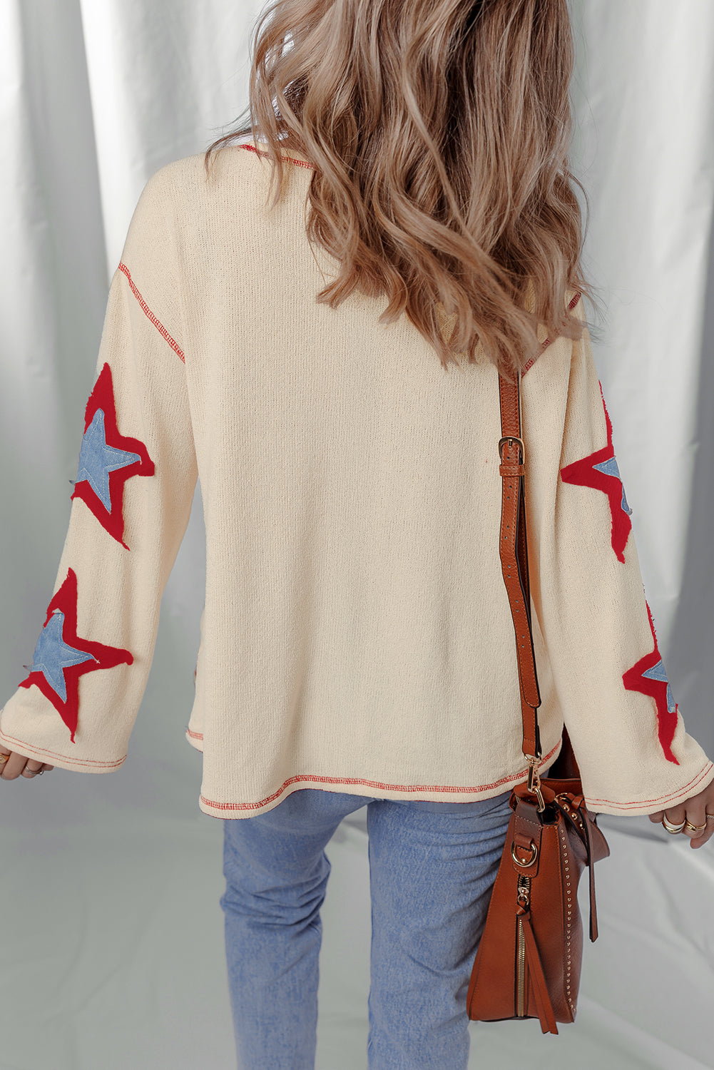 Beige USA Star Contrast Patchwork Exposed Seam Long Sleeve Top-Tops/Long Sleeve Tops-[Adult]-[Female]-2022 Online Blue Zone Planet