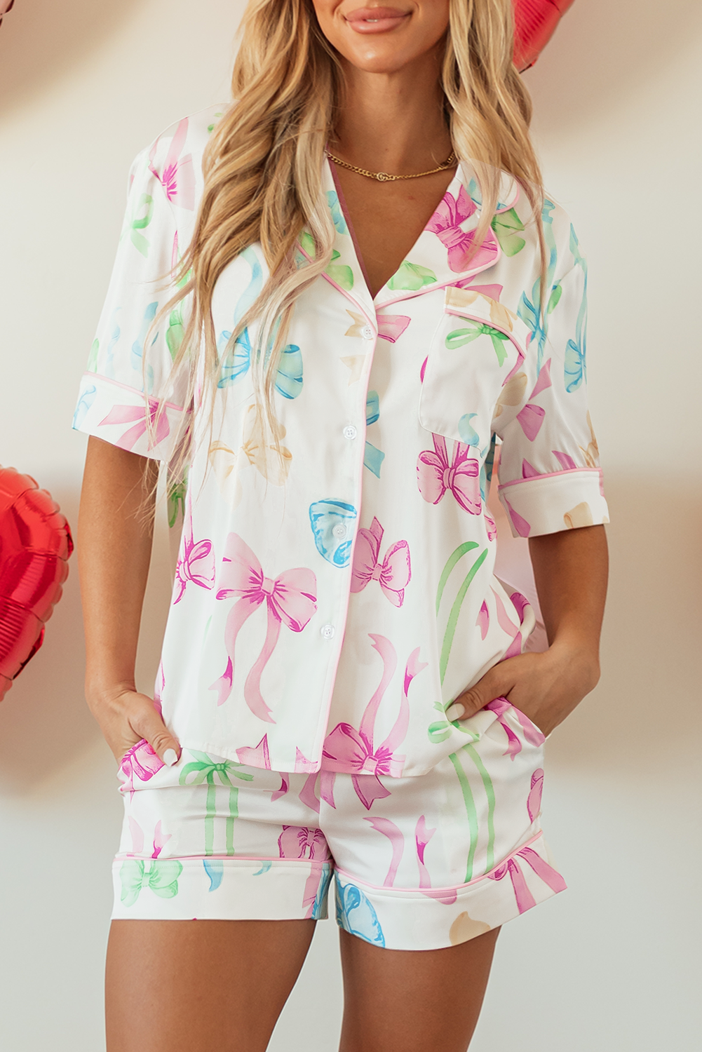 Blue Zone Planet | White Bowknot Print Buttoned Shirt High Waist Shorts Pajama Set-Loungewear & Sleepwear/Sleepwear-[Adult]-[Female]-2022 Online Blue Zone Planet