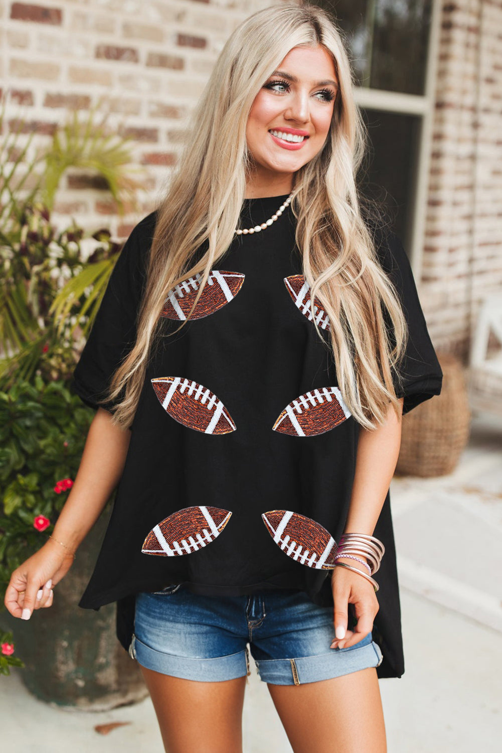 Black Sequin Rugby Football Patched Crewneck Loose T Shirt-Graphic/Graphic Tees-[Adult]-[Female]-2022 Online Blue Zone Planet