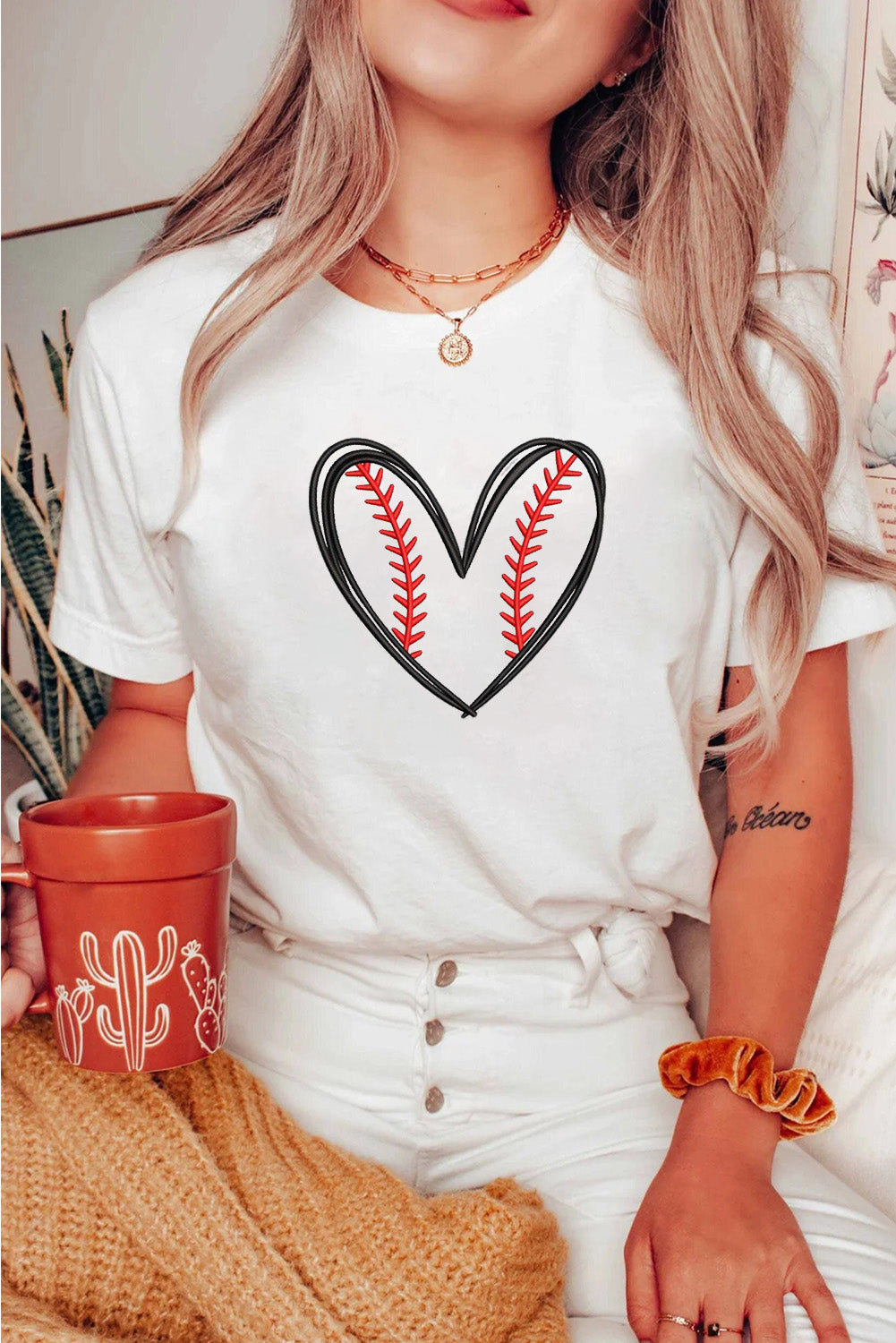 White Baseball Heart Shape Embroidery Graphic Tee-Graphic/Graphic Tees-[Adult]-[Female]-2022 Online Blue Zone Planet