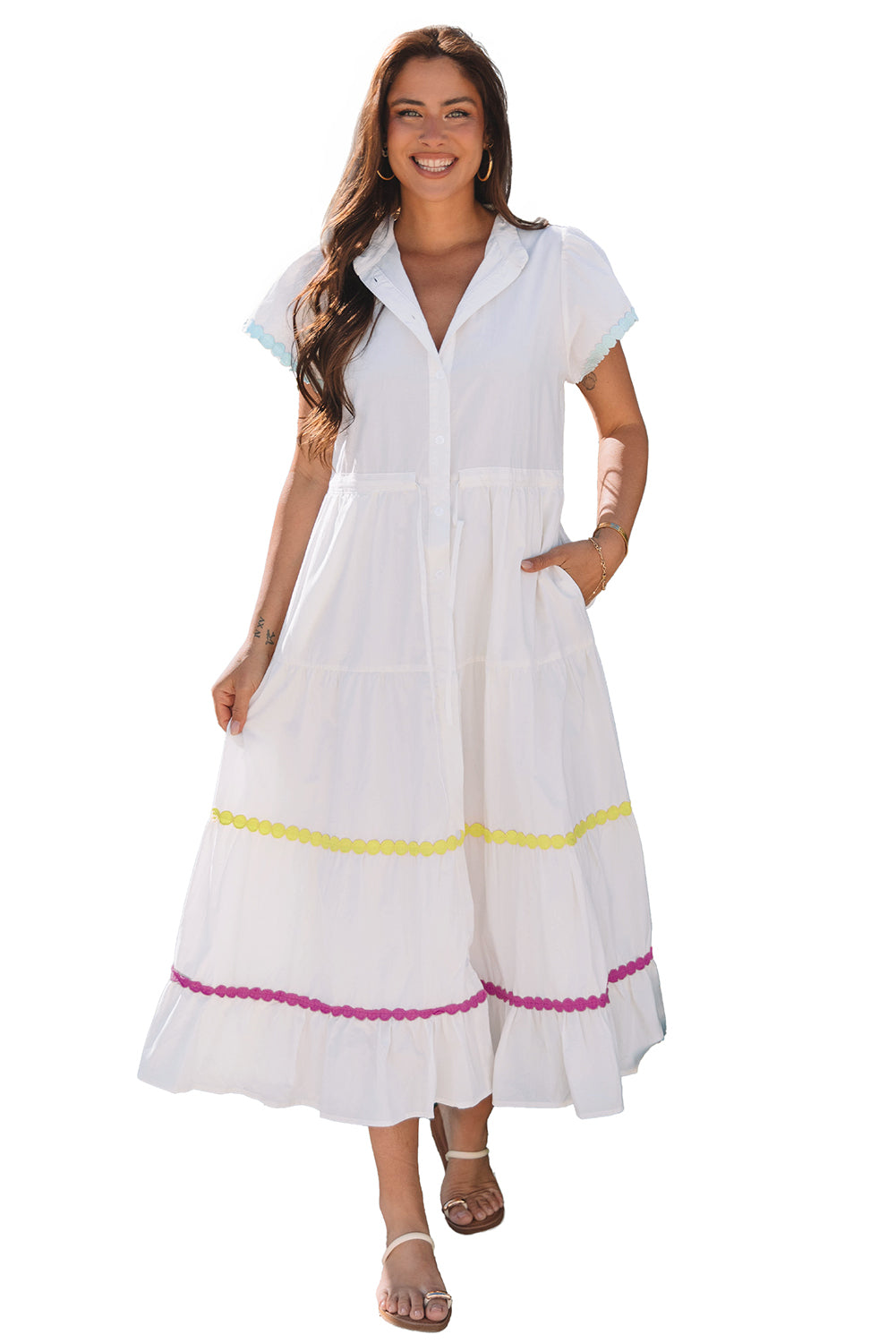 Blue Zone Planet | White Colorblock Rickrack Trim Short Sleeve Drawstring Waist Long Dress-TOPS / DRESSES-[Adult]-[Female]-2022 Online Blue Zone Planet
