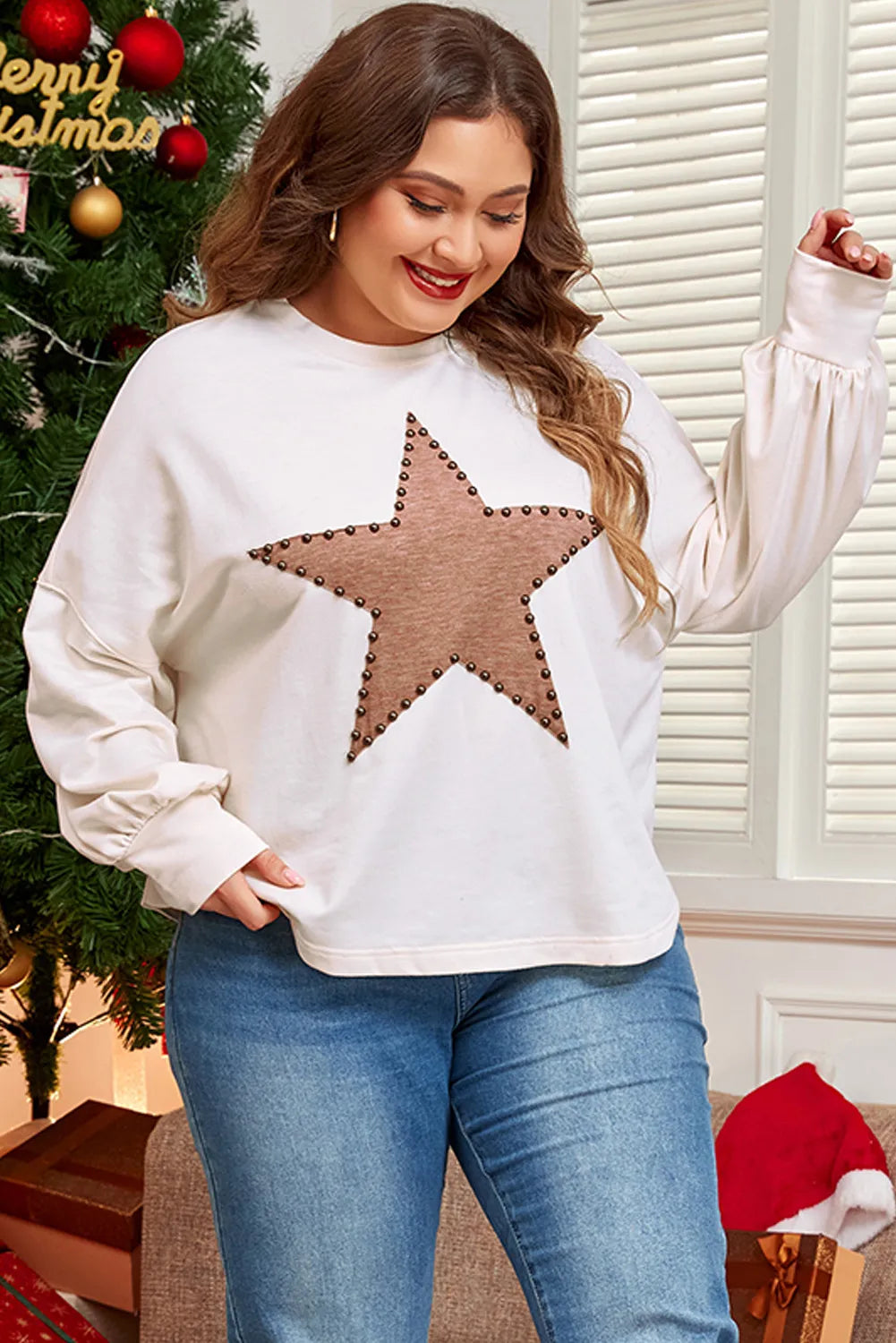 Plus Size Studded Star Round Neck Long Sleeve Blouse-TOPS / DRESSES-[Adult]-[Female]-2022 Online Blue Zone Planet