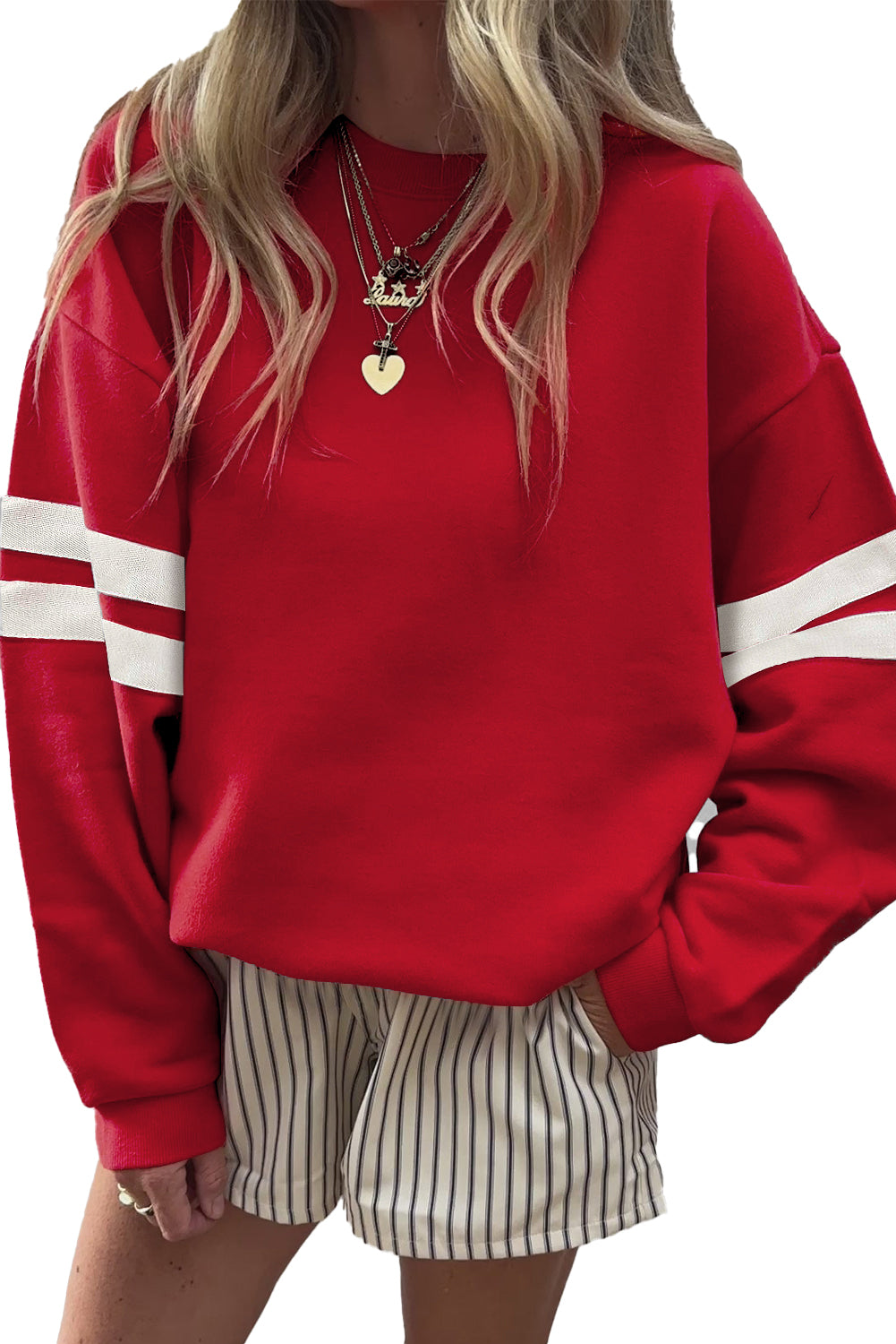 Fiery Red Varsity Striped Detail Drop Shoulder Oversized Sweatshirt-Tops/Sweatshirts & Hoodies-[Adult]-[Female]-2022 Online Blue Zone Planet