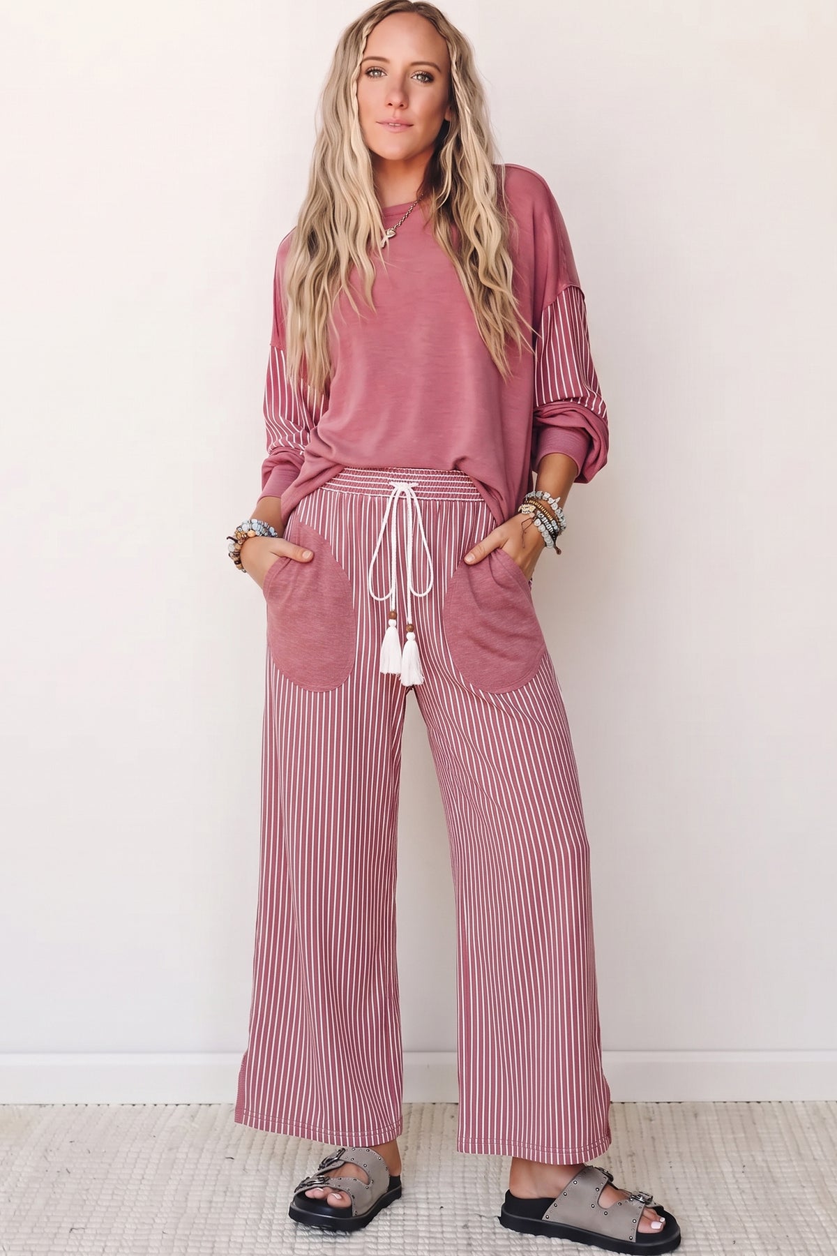 Fushia Raw Seam Patchwork Long Sleeve Top Pocket Casual Pants 2pcs Set-Two Piece Sets/Pant Sets-[Adult]-[Female]-2022 Online Blue Zone Planet