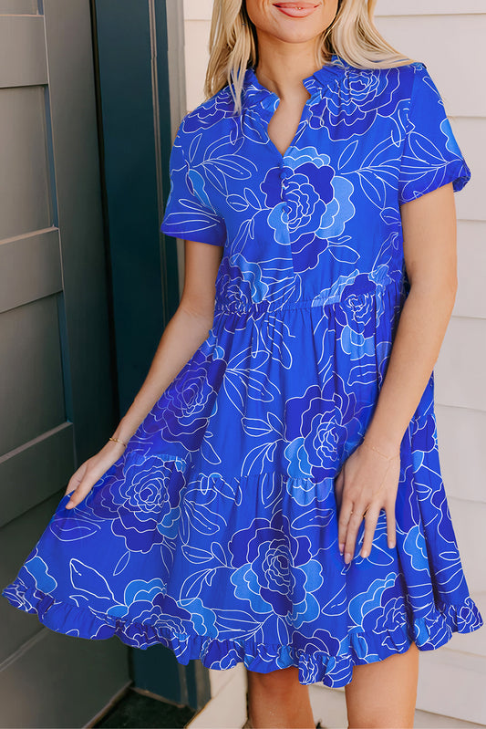 Blue Floral Ruffled Hem V Neck Short Sleeve Flowy Mini Dress-Dresses/Floral Dresses-[Adult]-[Female]-Blue-S-2022 Online Blue Zone Planet