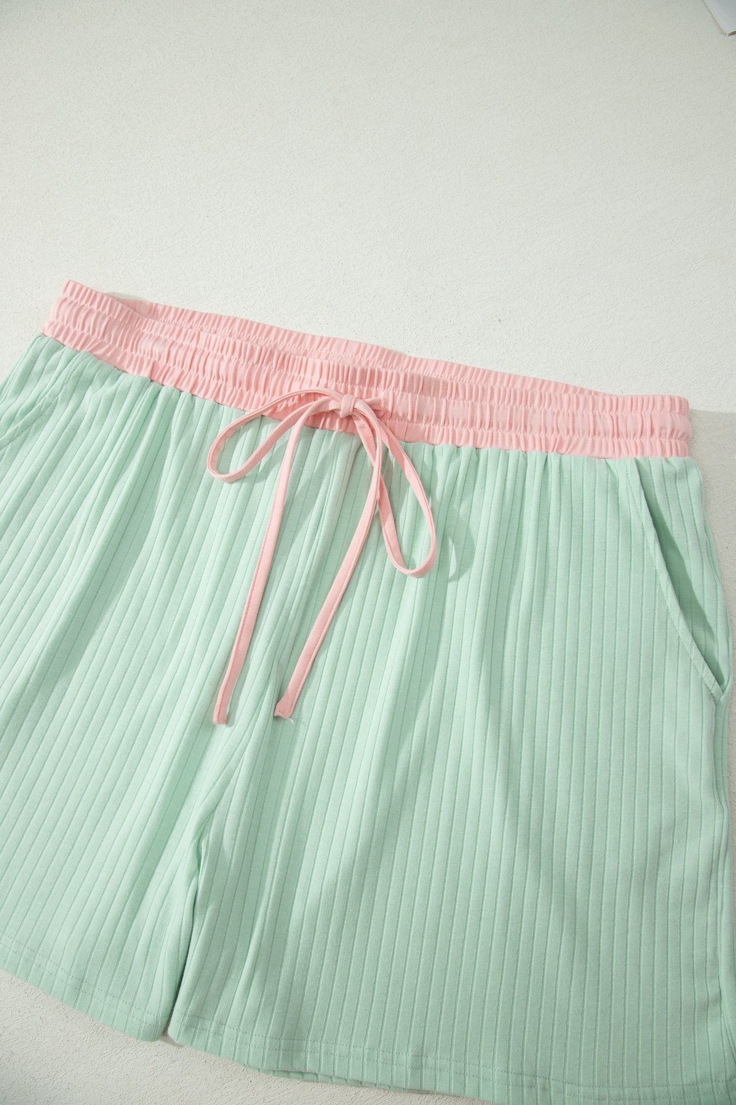 Yellow Cream Plus Size Ribbed Color Block Trim Drawstring Shorts 2pcs Set-Plus Size/Plus Size Loungewear-[Adult]-[Female]-2022 Online Blue Zone Planet