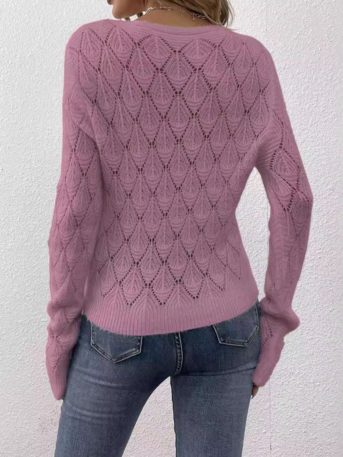 Openwork V-Neck Long Sleeve Sweater-TOPS / DRESSES-[Adult]-[Female]-Pink Purple-One Size-2022 Online Blue Zone Planet