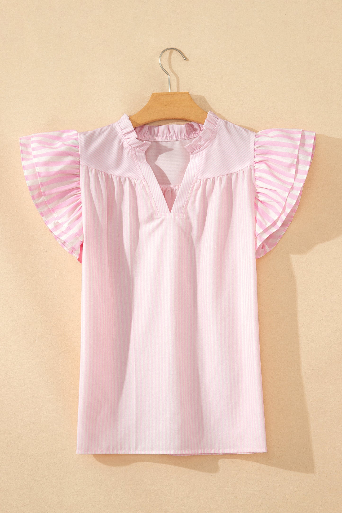 Pink Stripe Contrast Trim V Neck Flutter Sleeve Blouse-Tops/Blouses & Shirts-[Adult]-[Female]-2022 Online Blue Zone Planet