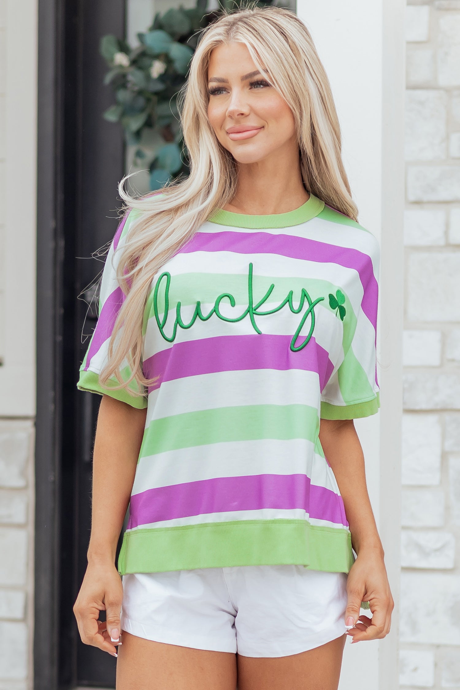 Green Stripe Lucky Clover Embroidered Graphic Dolman Loose Tee-Tops/Tops & Tees-[Adult]-[Female]-2022 Online Blue Zone Planet