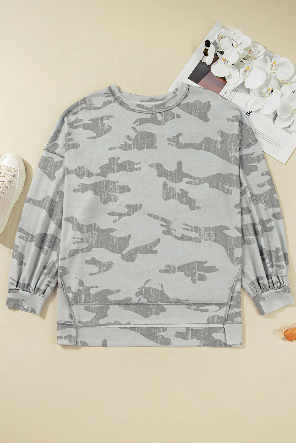 Multicolour Camouflage Print Round Neck Plus Size Sweatshirt-Plus Size/Plus Size Sweatshirts & Hoodies-[Adult]-[Female]-2022 Online Blue Zone Planet