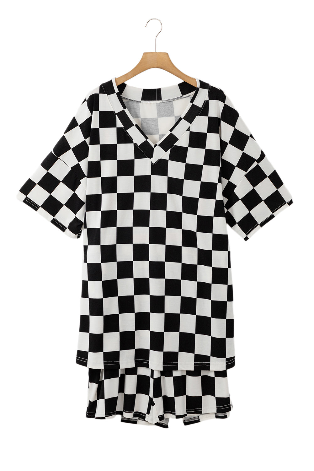 Black Checkered Pattern Tee And Shorts Plus Size Two Piece Set-Plus Size/Plus Size Loungewear-[Adult]-[Female]-2022 Online Blue Zone Planet