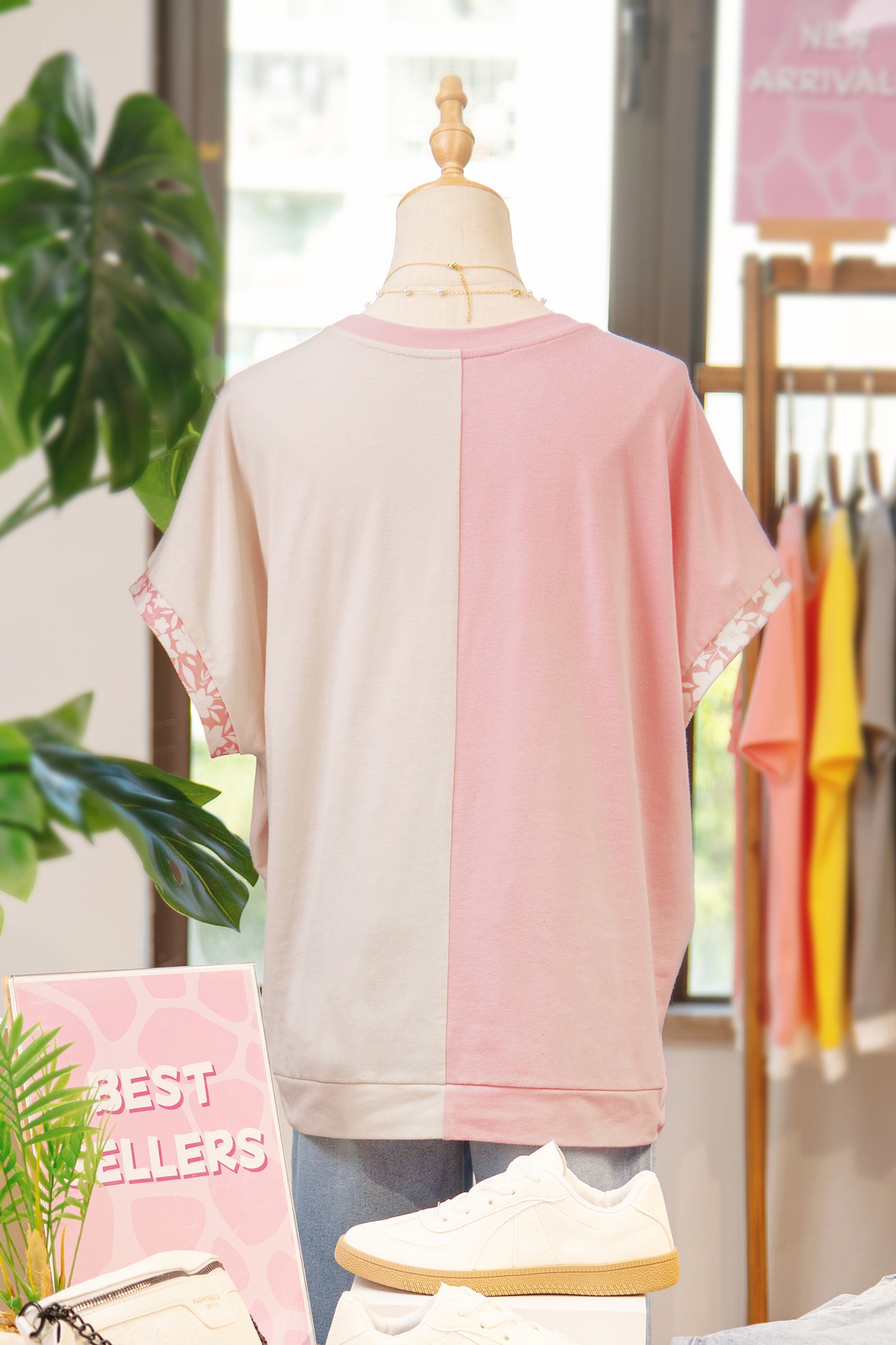 Apricot Color Block Flower Patched Loose T Shirt-Tops/Tops & Tees-[Adult]-[Female]-2022 Online Blue Zone Planet