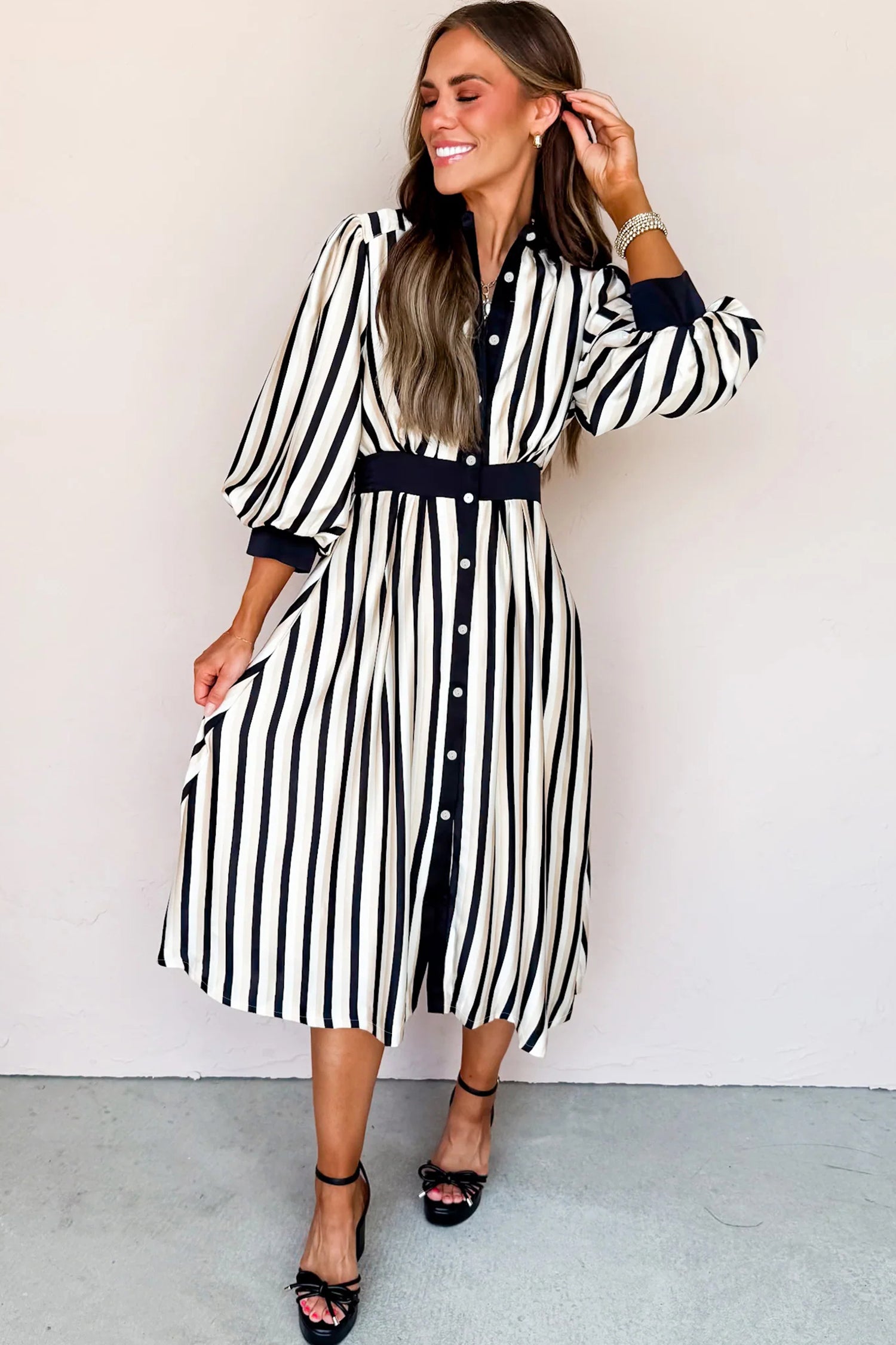 Black Stripe 3/4 Puff Sleeve Shirt Style Button Down Midi Dress-Dresses/Midi Dresses-[Adult]-[Female]-2022 Online Blue Zone Planet