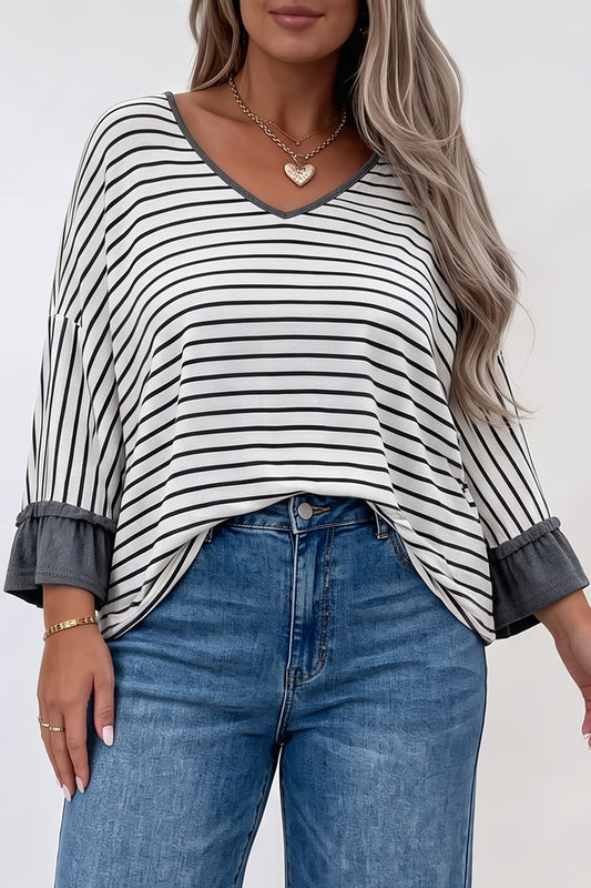 Gray Stripe Ruffled Bracelet Sleeve V Neck Plus Size Top-Bracelet-[Adult]-[Female]-Gray Stripe-1X-2022 Online Blue Zone Planet