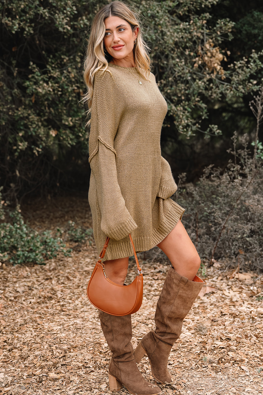 Pale Khaki Oversize Drop Shoulder Slouchy Sweater Dress-TOPS / DRESSES-[Adult]-[Female]-2022 Online Blue Zone Planet