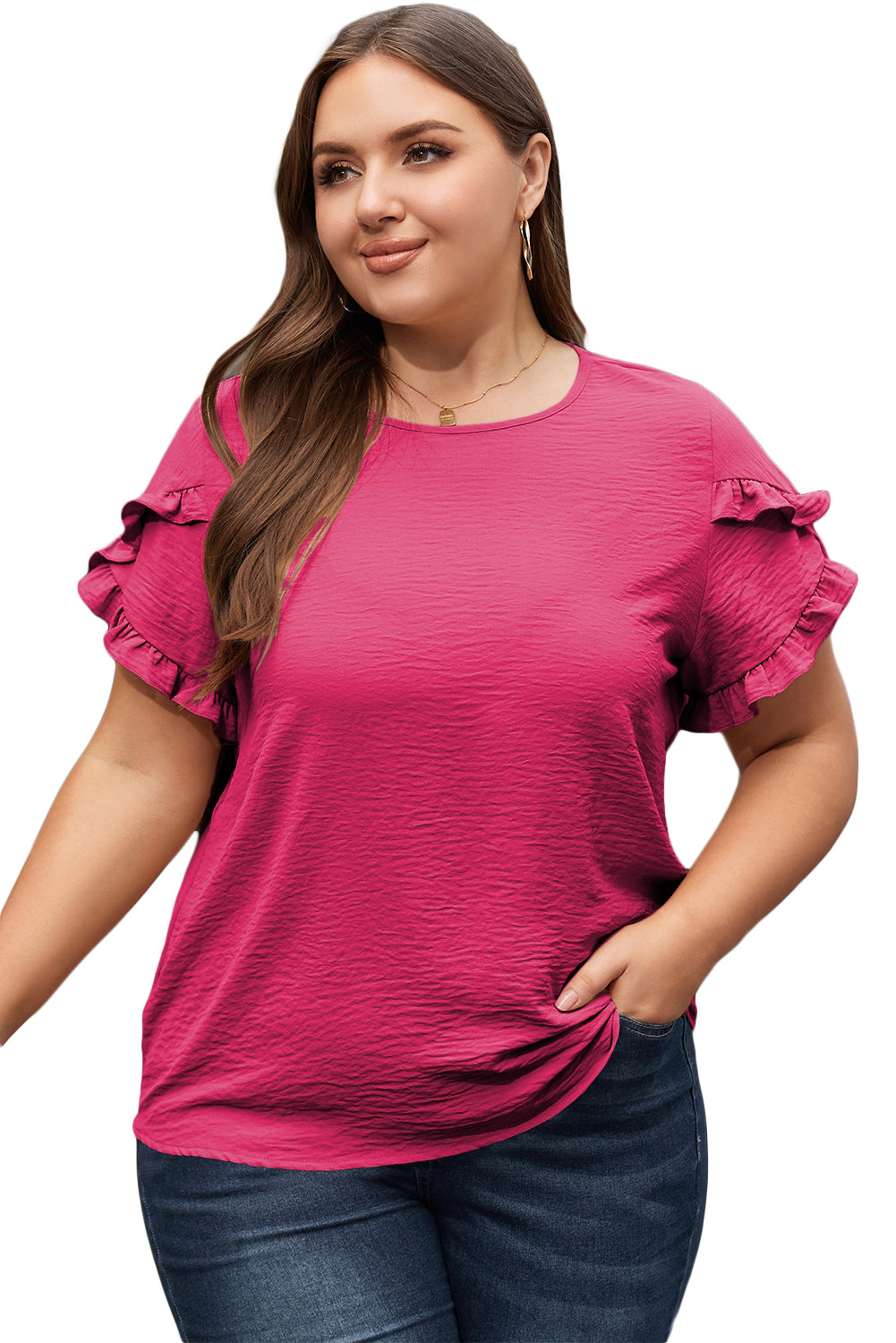 Blue Zone Planet | Bright Pink Ruffled Short Sleeve Plus Size Top-TOPS / DRESSES-[Adult]-[Female]-2022 Online Blue Zone Planet