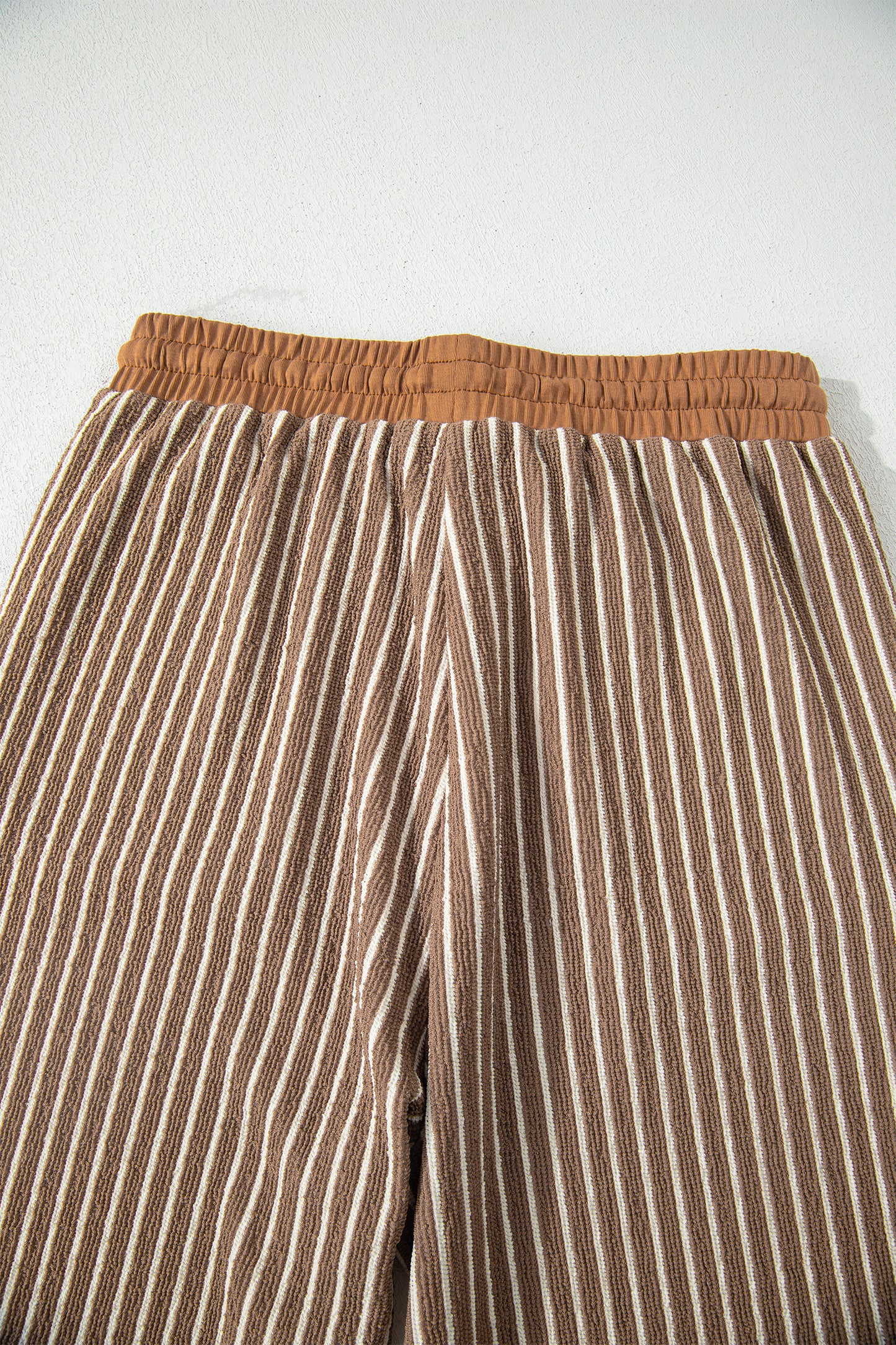 Khaki Stripe Crew Neck Tee Drawstring Waist Cropped Pants Set-Two Piece Sets/Pant Sets-[Adult]-[Female]-2022 Online Blue Zone Planet