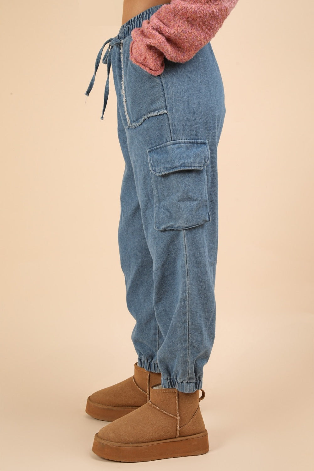 VERY J Washed Drawstring Jogger Cargo Jeans-BOTTOMS SIZES SMALL MEDIUM LARGE-[Adult]-[Female]-2022 Online Blue Zone Planet