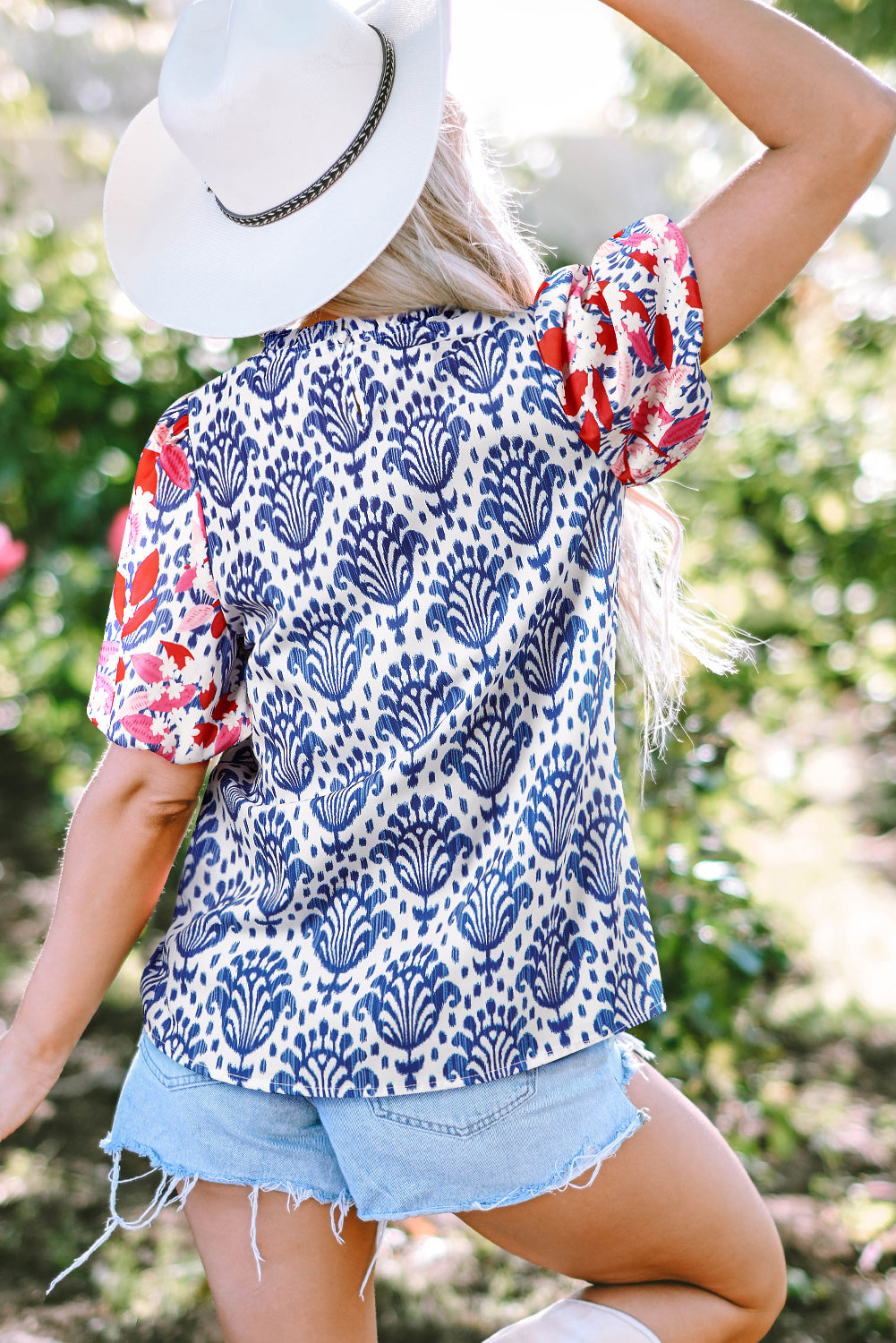 Blue Western Fashion Print Floral Puff Sleeve Frilled Neck Blouse-Tops/Blouses & Shirts-[Adult]-[Female]-2022 Online Blue Zone Planet