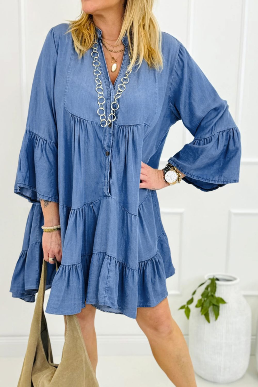 Notched Three-Quarter Sleeve Denim Dress-TOPS / DRESSES-[Adult]-[Female]-Medium-S-2022 Online Blue Zone Planet