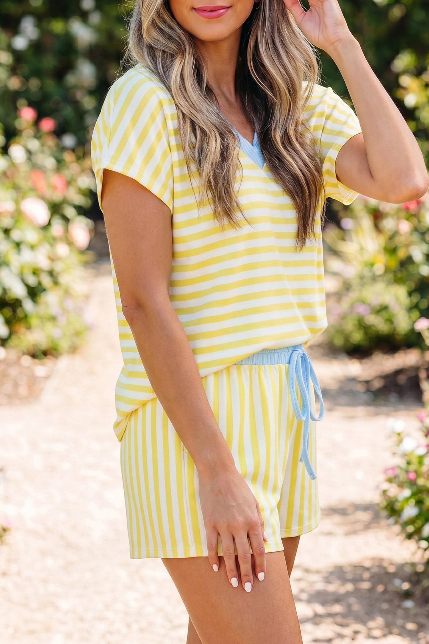 Yellow Stripe Colorblock Trim V Neck Tee Drawstring Elastic Waist Short Set-Two Piece Sets/Short Sets-[Adult]-[Female]-2022 Online Blue Zone Planet