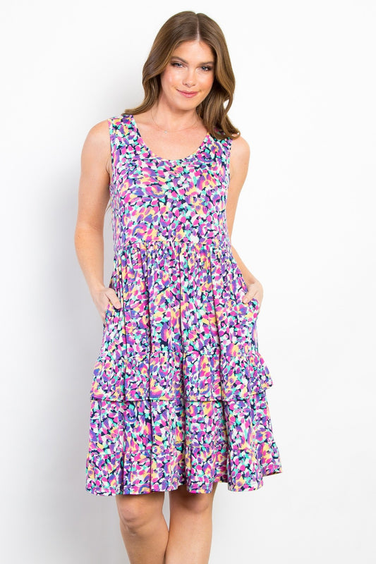 Be Stage Full Size Print Wrinkle Free Ruffled Dress-TOPS / DRESSES-[Adult]-[Female]-Lavender-S-2022 Online Blue Zone Planet