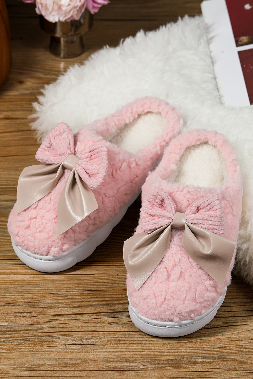 Blue Zone Planet | Pink Contrast Bowknot Applique Plush Winter Slippers-SHOES-[Adult]-[Female]-2022 Online Blue Zone Planet