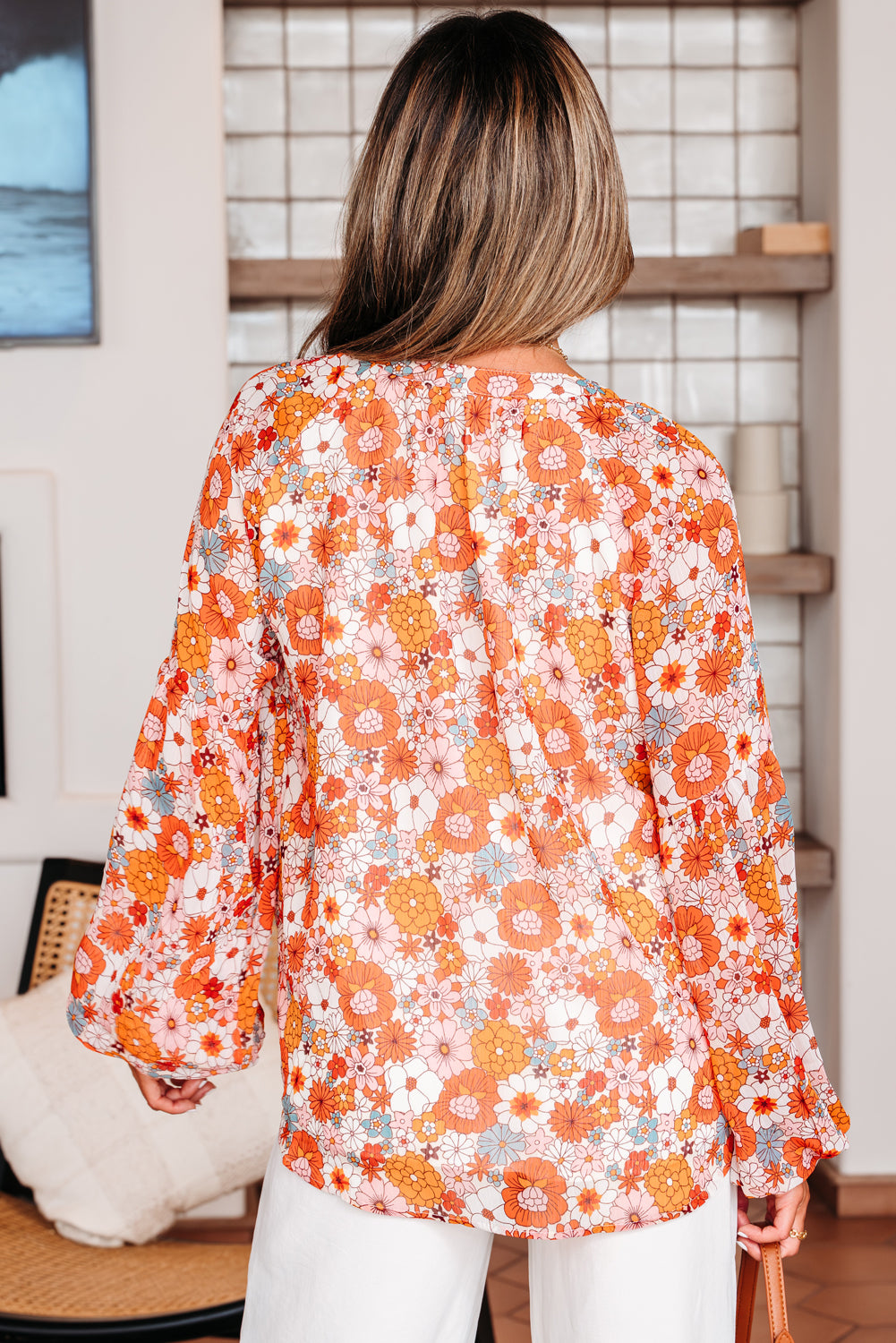 Orange Floral Print V Neck Long Puff Sleeve Top-Tops/Blouses & Shirts-[Adult]-[Female]-2022 Online Blue Zone Planet