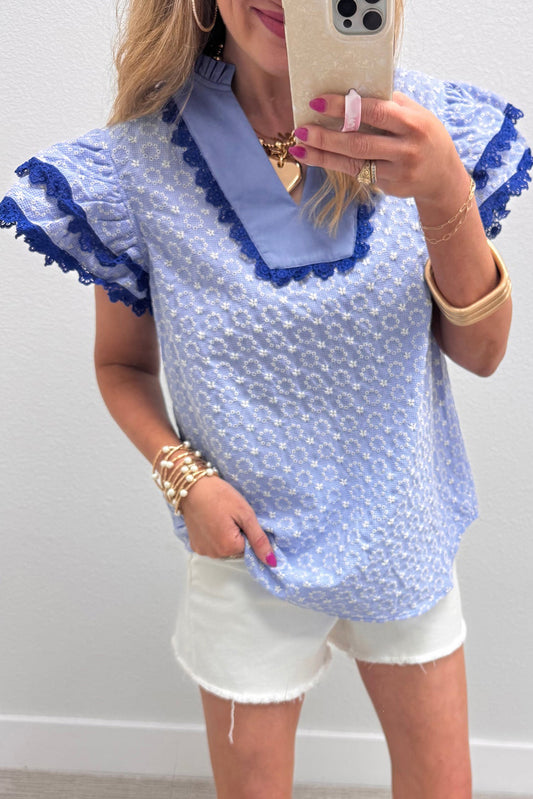 Beau Blue Eyelet Embroidered Flower Texture Contrast Lace Trim Flutter Sleeve Blouse-Tops/Blouses & Shirts-[Adult]-[Female]-Beau Blue-S-2022 Online Blue Zone Planet