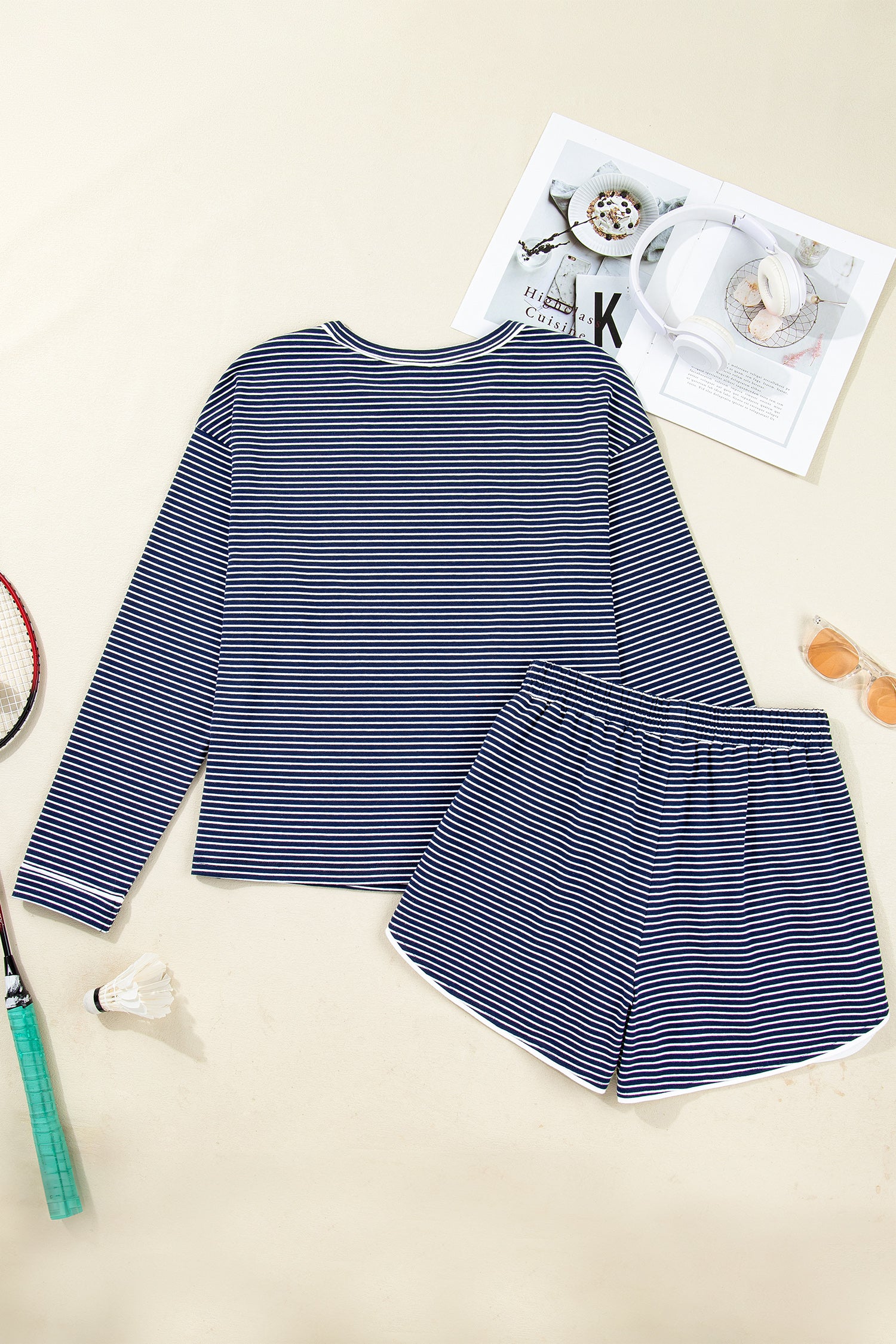 Blue Stripe Drop Shoulder Round Neck Long Sleeve Tee and Buttoned Shorts 2pcs Lounge Set-Loungewear & Sleepwear/Loungewear-[Adult]-[Female]-2022 Online Blue Zone Planet