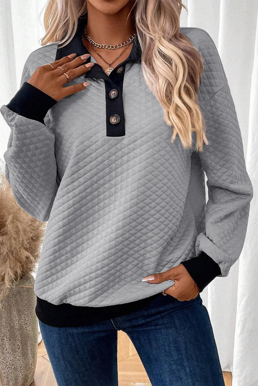Blue Zone Planet | Textured Collared Neck Long Sleeve Top-TOPS / DRESSES-[Adult]-[Female]-Gray-M-2022 Online Blue Zone Planet