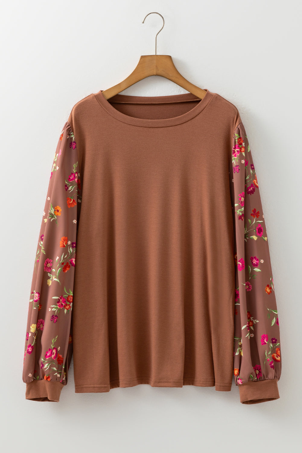 Brown Floral Sleeve Patchwork Round Neck Plus Blouse-Plus Size/Plus Size Tops/Plus Size Blouses & Shirts-[Adult]-[Female]-2022 Online Blue Zone Planet