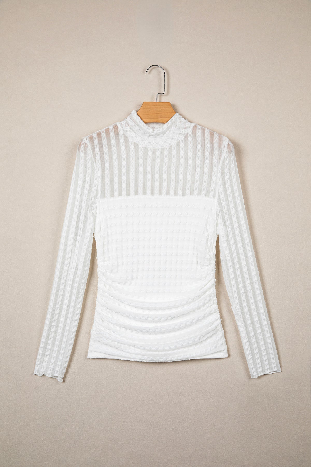 Beige Textured Sheer Lace High Neck Long Sleeve Top-Tops/Long Sleeve Tops-[Adult]-[Female]-2022 Online Blue Zone Planet