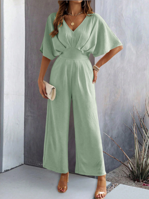 Women's short-sleeved solid color temperament casual wide-leg jumpsuit-[Adult]-[Female]-Olive green-S-2022 Online Blue Zone Planet