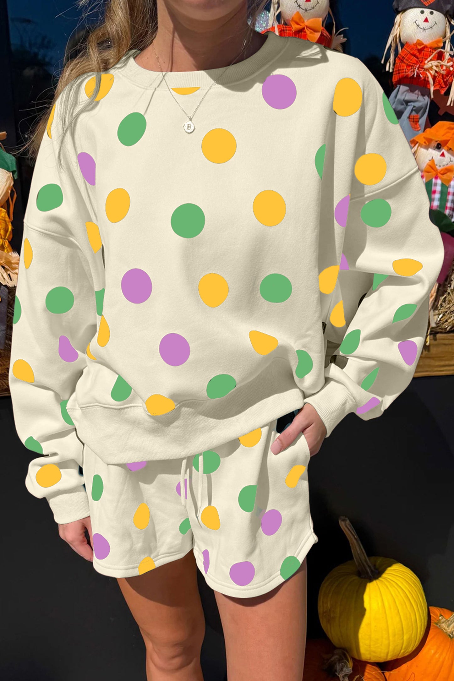 Multicolour Polka Dot Print Drop Shoulder Pullover Drawstring Shorts Set-Two Piece Sets/Short Sets-[Adult]-[Female]-2022 Online Blue Zone Planet