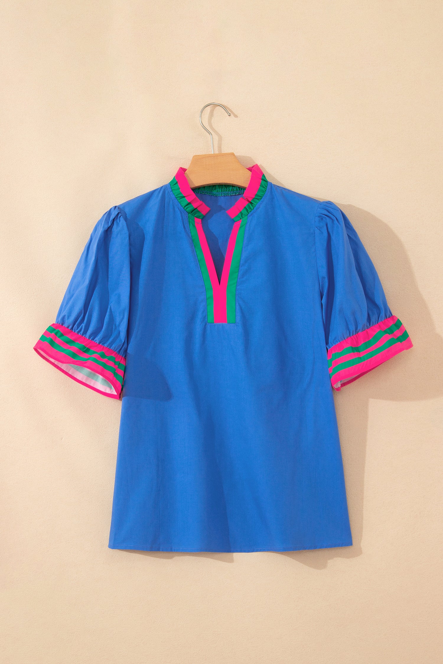Sky Blue Striped Frilled Collar Ruffled Short Sleeve Blouse-Tops/Blouses & Shirts-[Adult]-[Female]-2022 Online Blue Zone Planet
