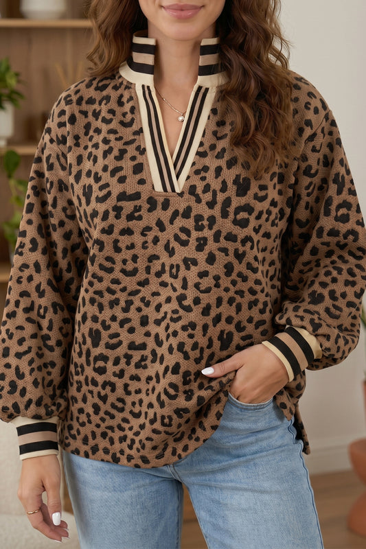 Brown Leopard Print Striped Trim Collar Long Sleeve Shift Pullover-Tops/Long Sleeve Tops-[Adult]-[Female]-Brown-S-2022 Online Blue Zone Planet