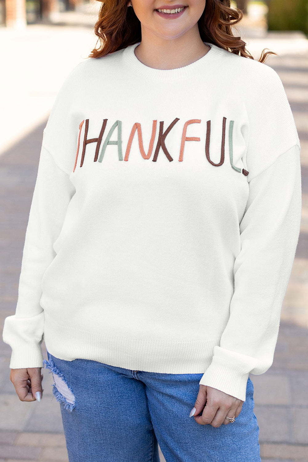 Blue Zone Planet | White Plus Size Thankful Ivory Embroidered Sweater-Plus Size/Plus Size Sweaters & Cardigans-[Adult]-[Female]-2022 Online Blue Zone Planet