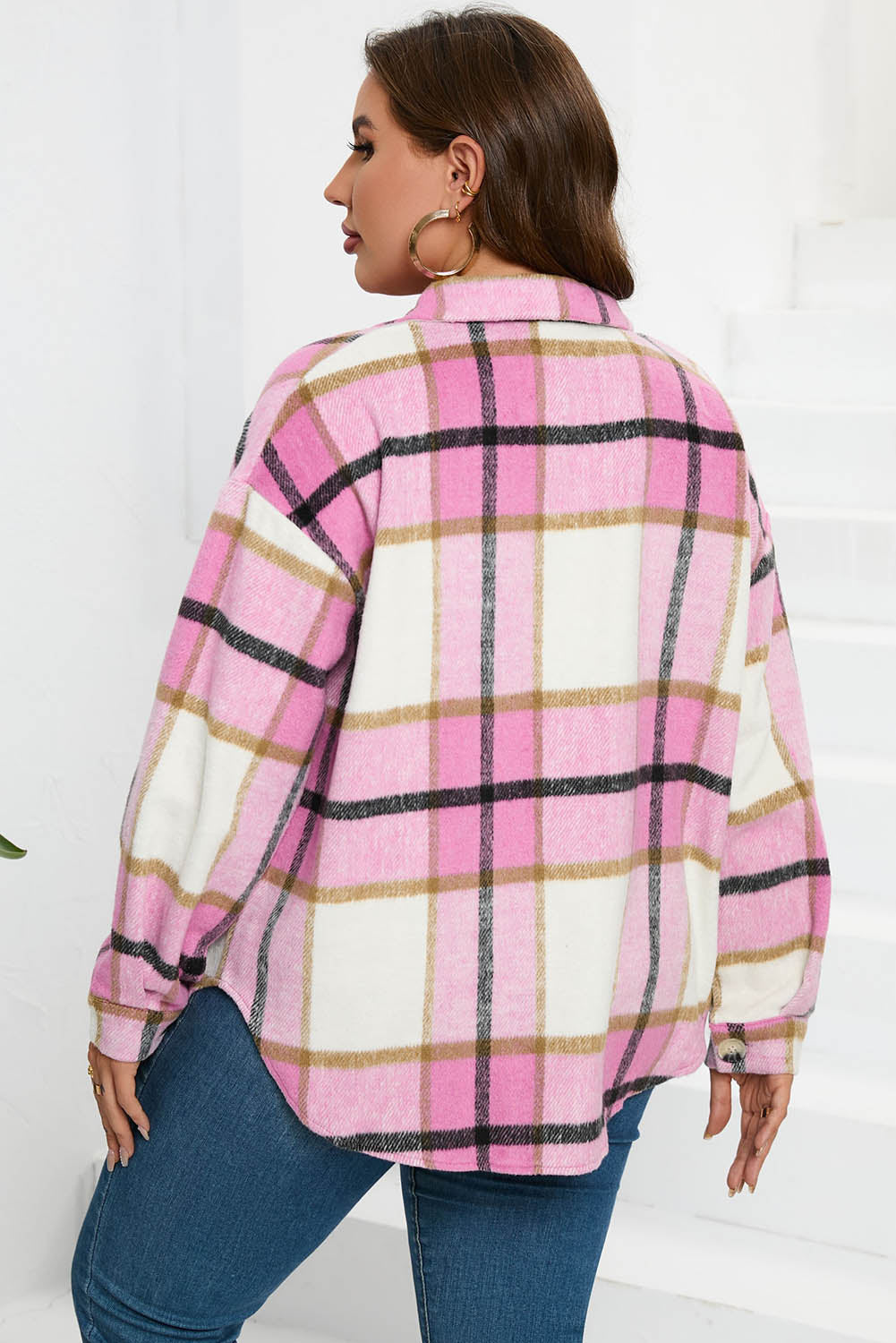 Pink Plaid Color Block Buttoned Long Sleeve Jacket with Pocket-Outerwear/Plaid Shackets-[Adult]-[Female]-2022 Online Blue Zone Planet