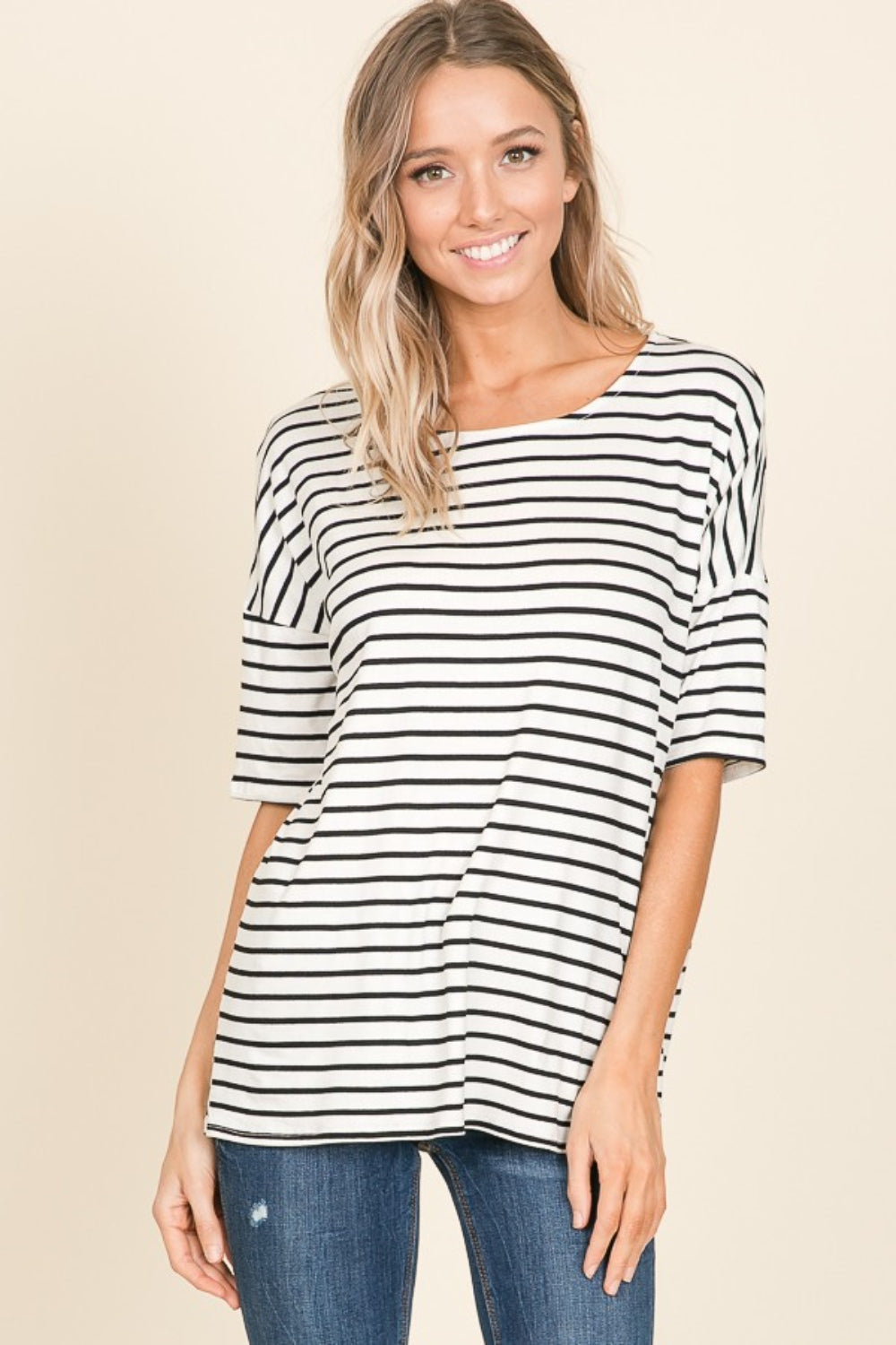 Blue Zone Planet | BOMBOM Striped Round Neck T-Shirt-TOPS / DRESSES-[Adult]-[Female]-2022 Online Blue Zone Planet