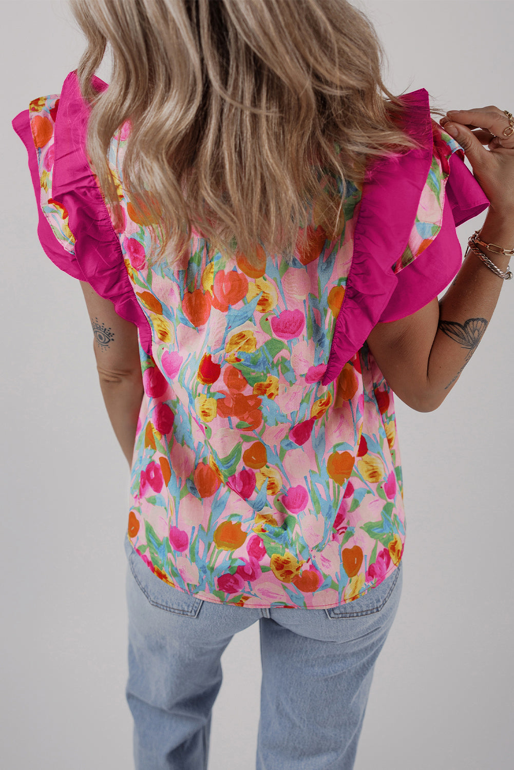 Pink Floral Layered Ruffle Flutter Sleeve Tie V Neck Blouse-Tops/Blouses & Shirts-[Adult]-[Female]-2022 Online Blue Zone Planet