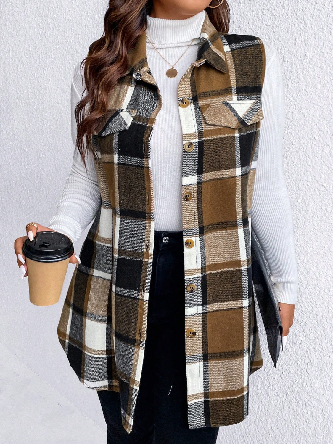 Honey Plus Size Pocketed Plaid Button Up Vest Coat-TOPS / DRESSES-[Adult]-[Female]-Camel-1XL-2022 Online Blue Zone Planet