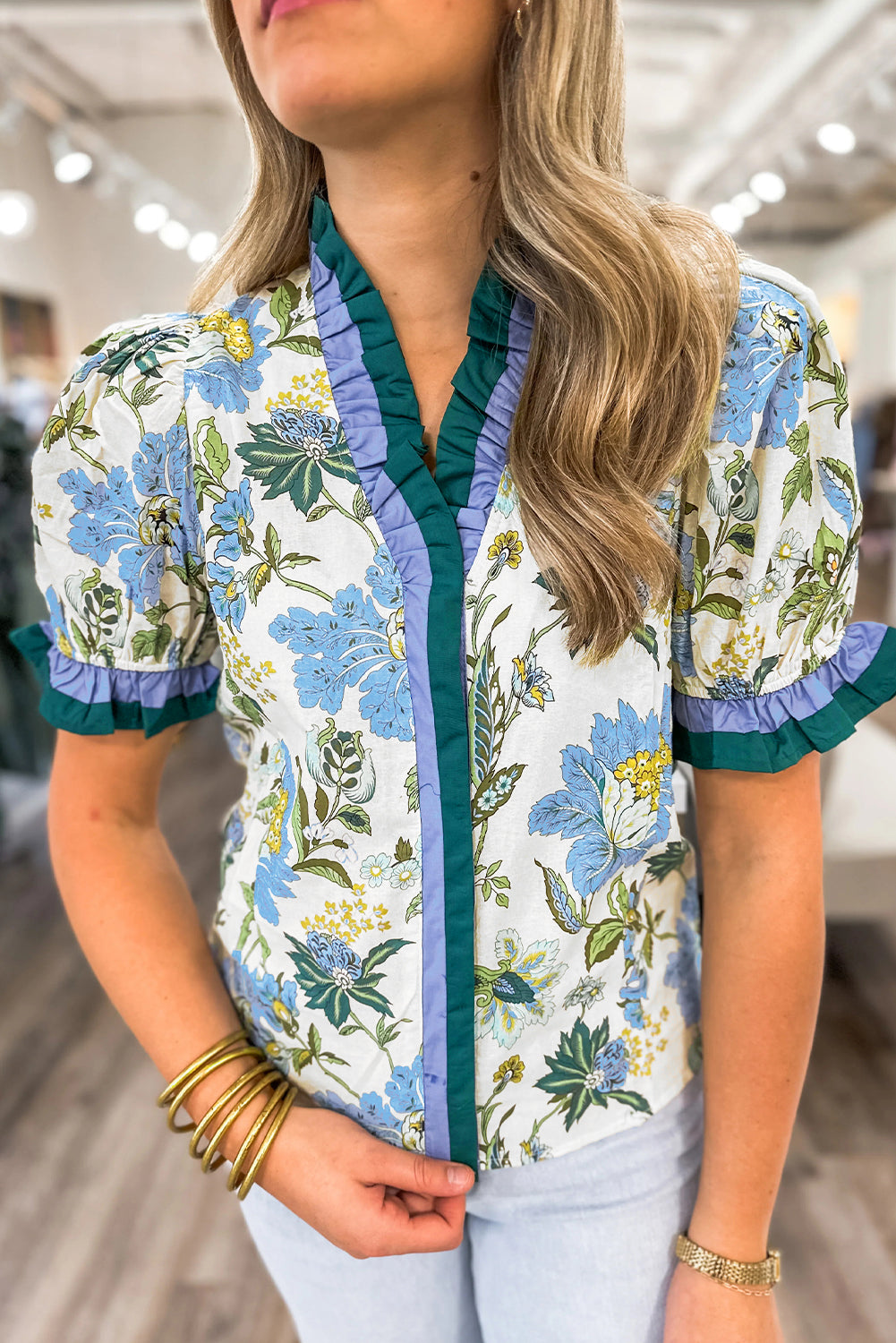 Beige Floral Print Contrasted Frilled Striped Trim Short Sleeve Blouse-Tops/Blouses & Shirts-[Adult]-[Female]-Beige-S-2022 Online Blue Zone Planet
