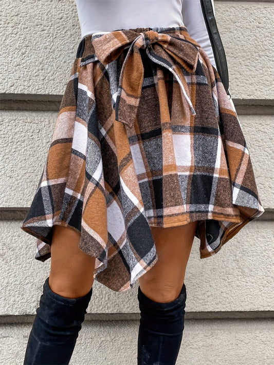 Tied Plaid Asymmetrical Hem Skirt-BOTTOMS SIZES SMALL MEDIUM LARGE-[Adult]-[Female]-Caramel-S-2022 Online Blue Zone Planet