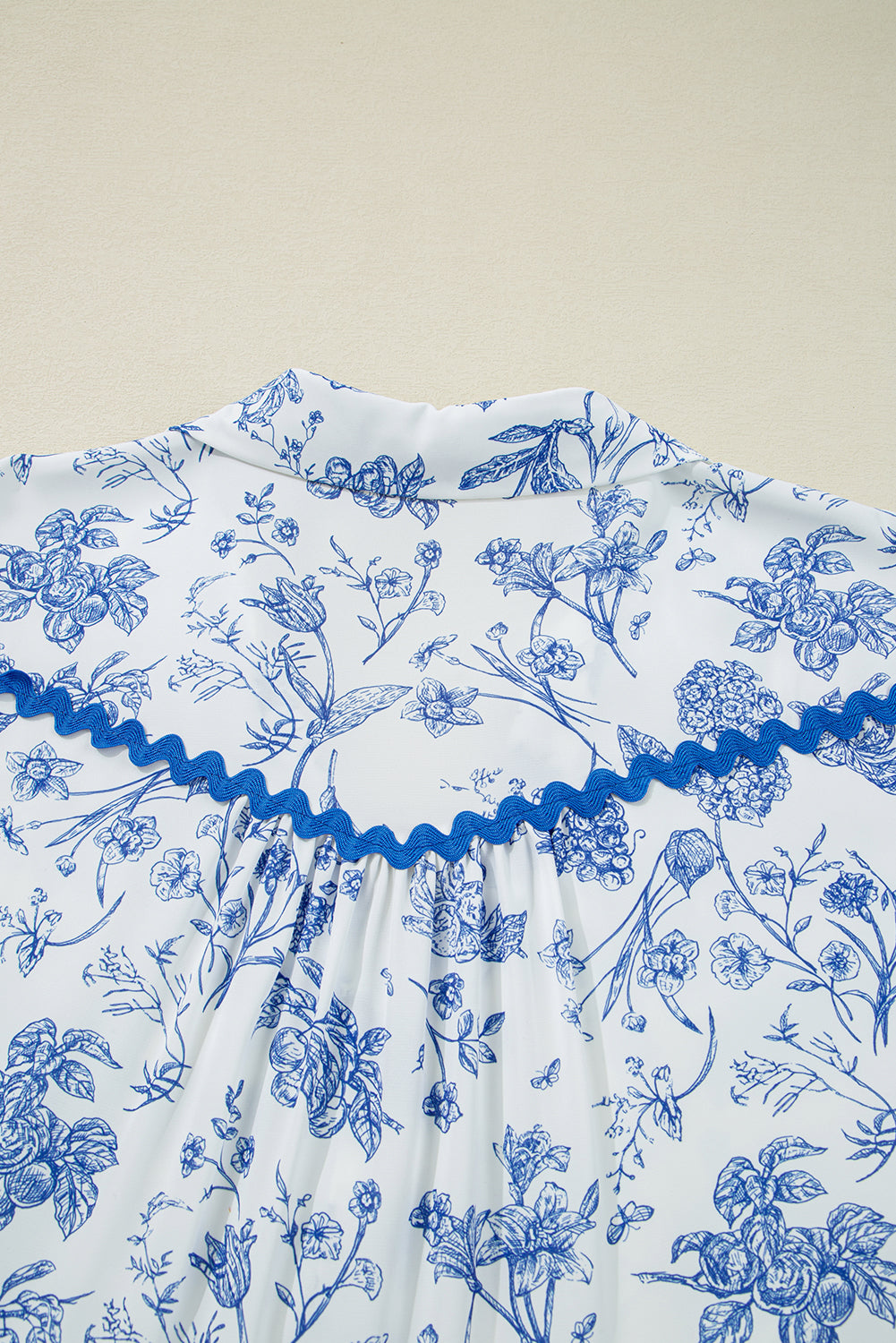 Sky Blue Floral Print Collared V Neck Ric-rac Trim Plus Size Mini Dress-TOPS / DRESSES-[Adult]-[Female]-2022 Online Blue Zone Planet