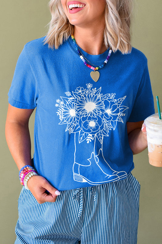 Blue Sunflower Boots Graphic Western Fashion T Shirt-Tops/Tops & Tees-[Adult]-[Female]-Blue-S-2022 Online Blue Zone Planet