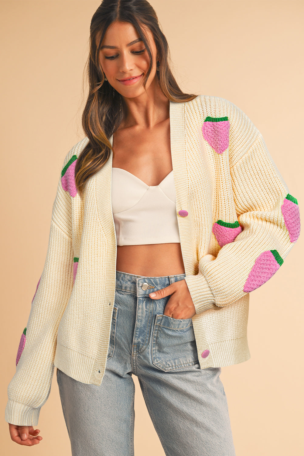 Beige Strawberry V Neck Knit Cardigan-Cardigans-[Adult]-[Female]-2022 Online Blue Zone Planet