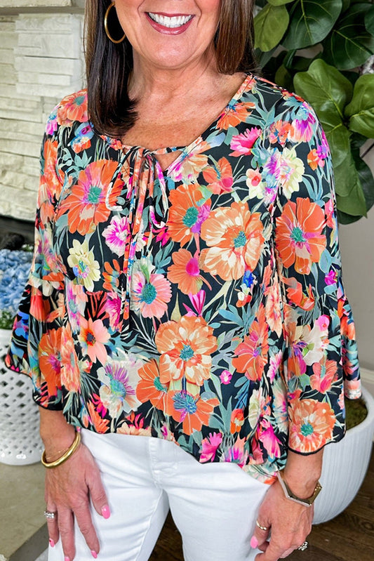Black Floral 3/4 Flare Sleeve Tied V Neck Blouse