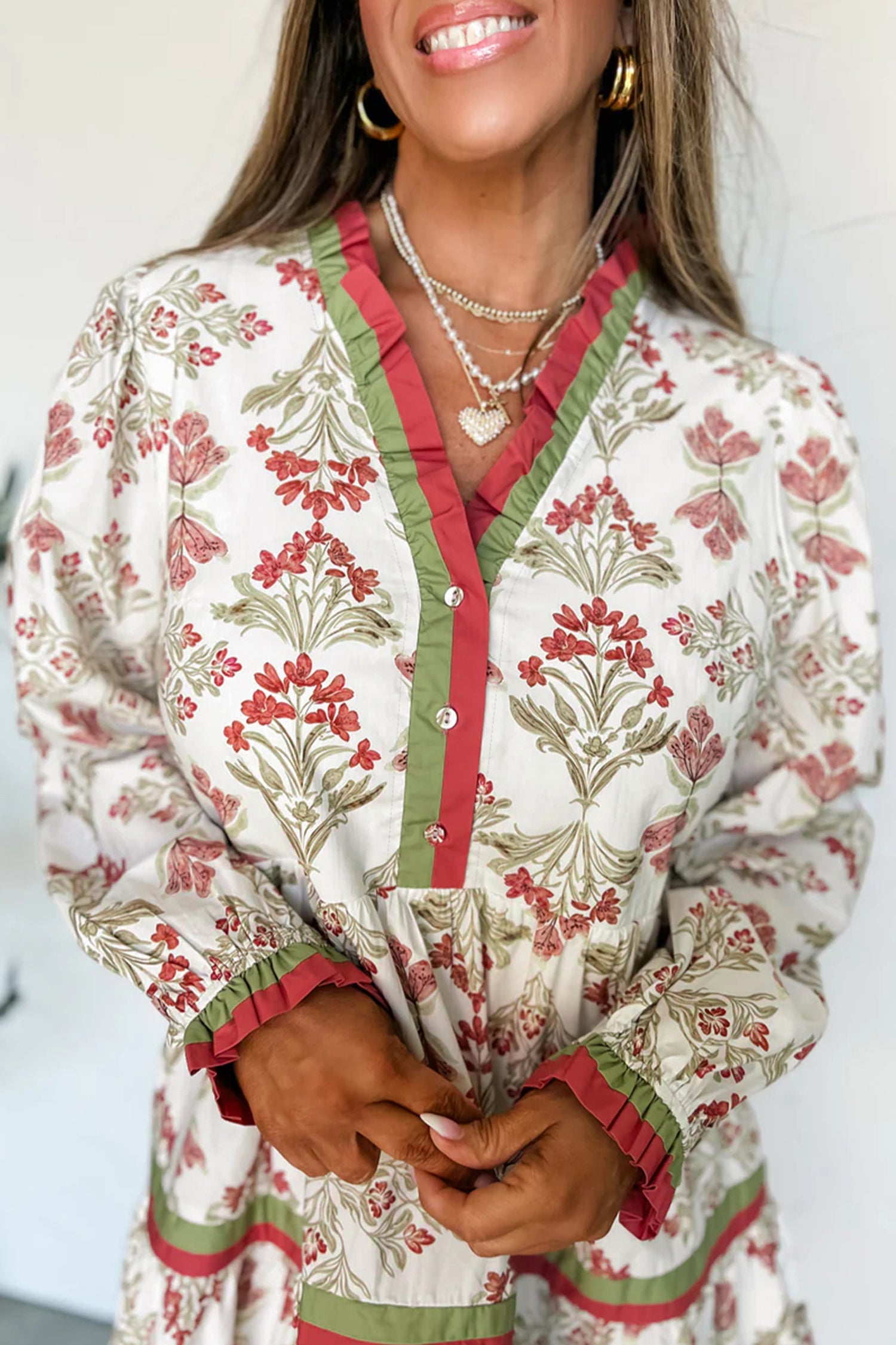 Pink Floral Print Contrast Trim Frilled Neck Long Sleeve Flared Dress-TOPS / DRESSES-[Adult]-[Female]-2022 Online Blue Zone Planet