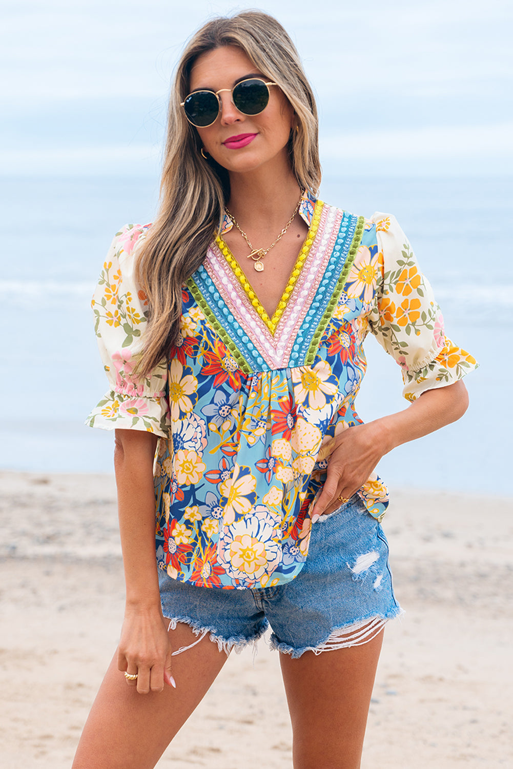 Multicolour Crochet V Neck Half Sleeve Boho Floral Blouse-Tops/Blouses & Shirts-[Adult]-[Female]-2022 Online Blue Zone Planet